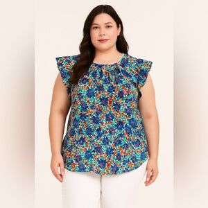 Perch Blu Pepper Size 2X Shirt Blue Ruffled Relaxed Blouse Floral Print Plus‎ Sz